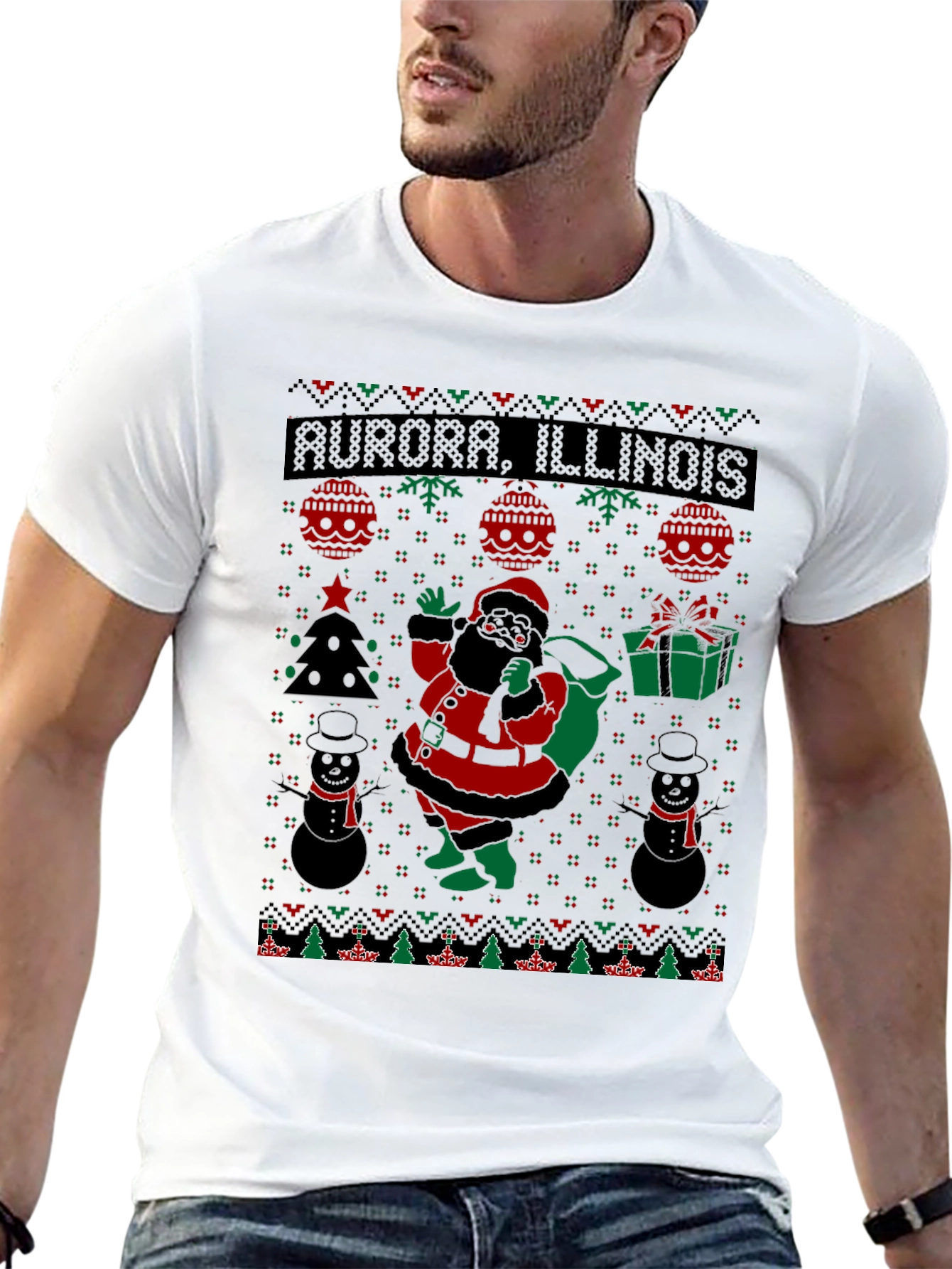 Aurora Illinois Black Santa Christmas T-Shirt