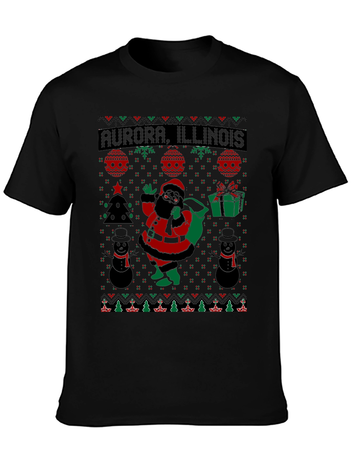 Aurora Illinois Black Santa Christmas T-Shirt