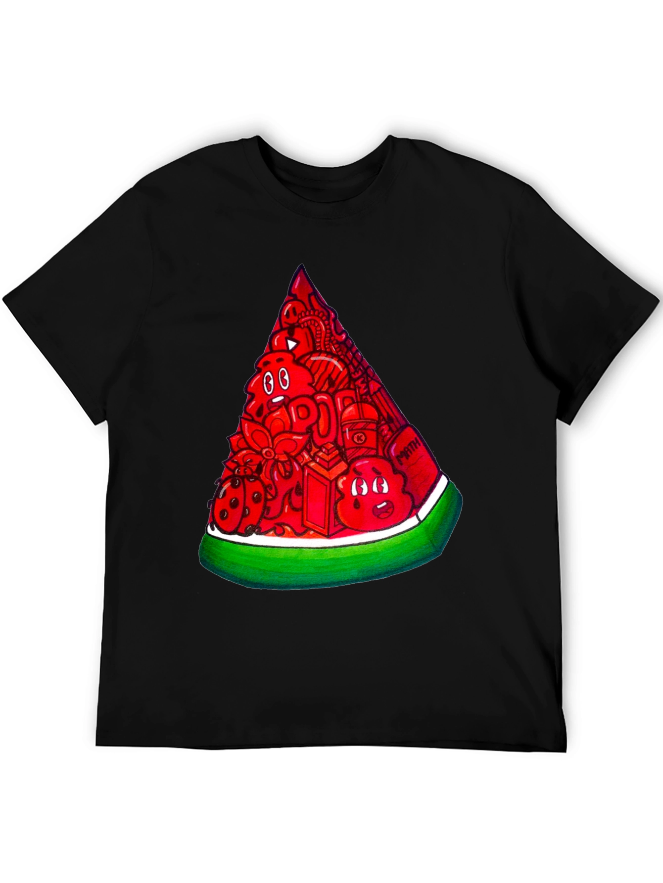 Mens Black Tee with Watermelon Doodle Design