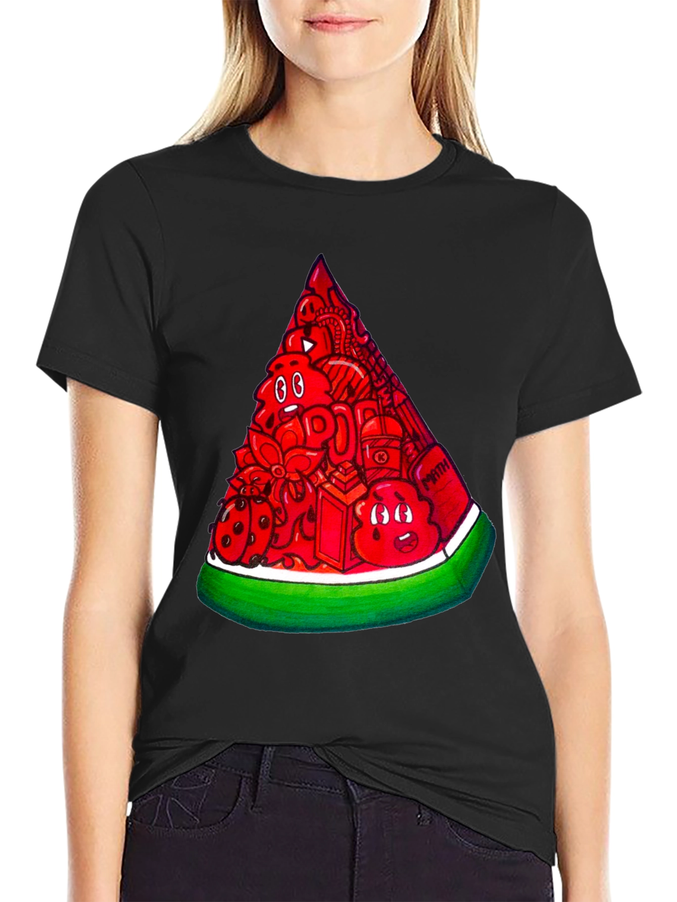 Mens Black Tee with Watermelon Doodle Design