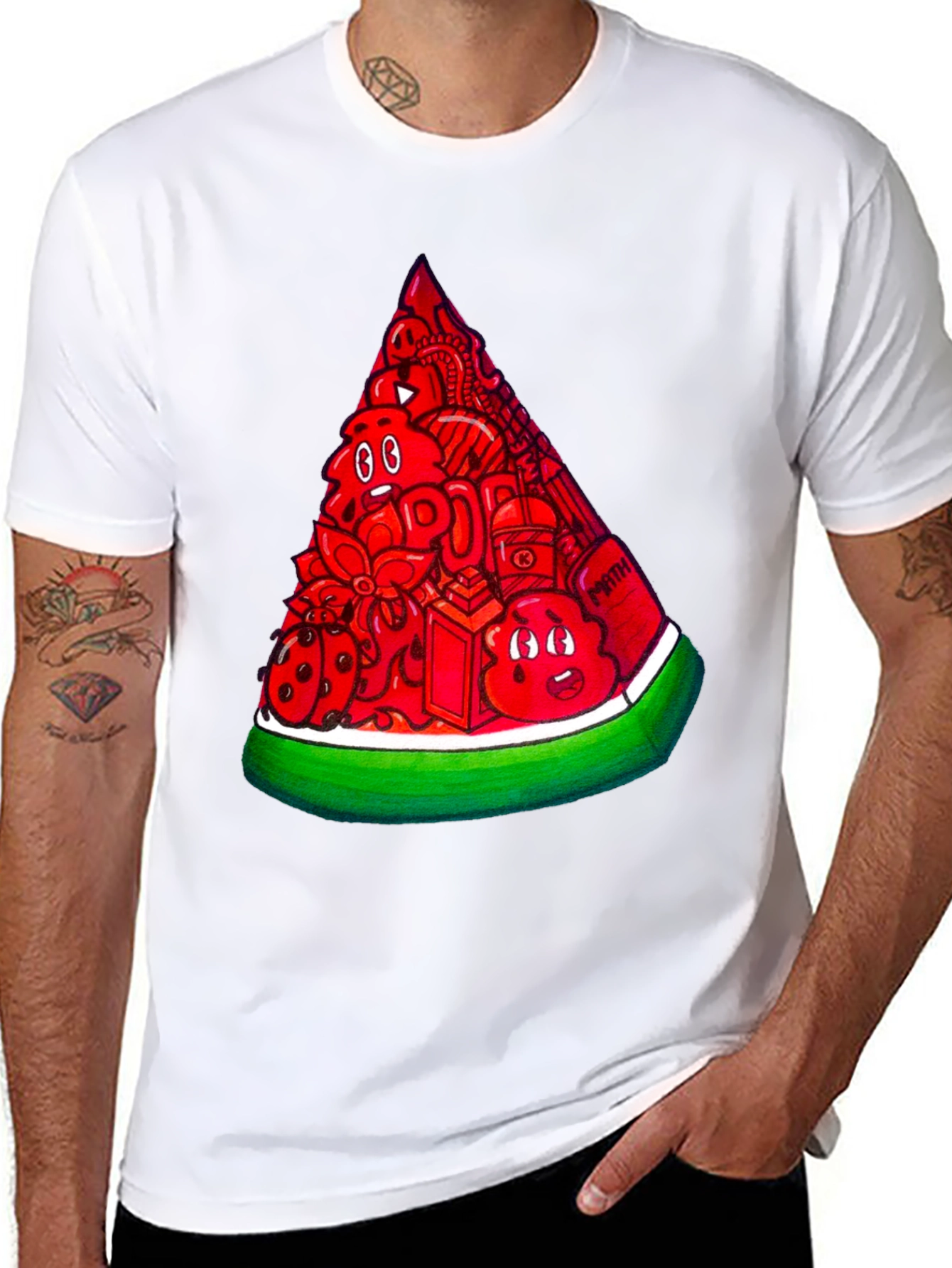 Mens Black Tee with Watermelon Doodle Design