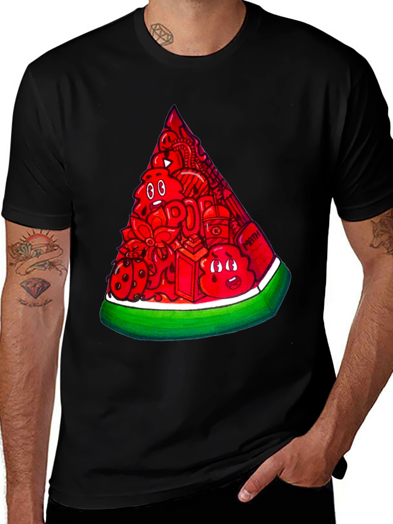 Mens Black Tee with Watermelon Doodle Design