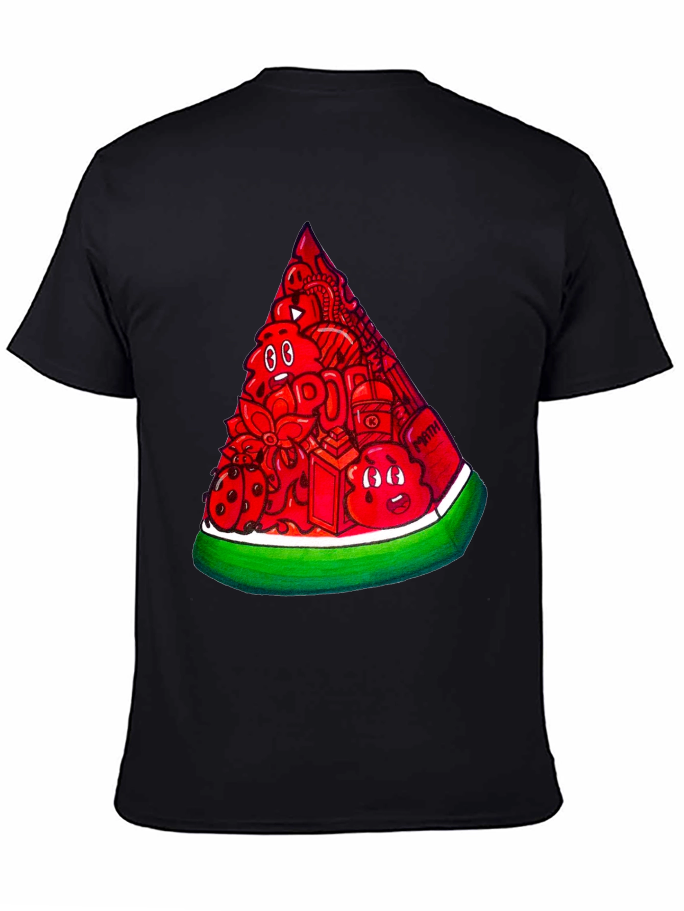 Mens Black Tee with Watermelon Doodle Design