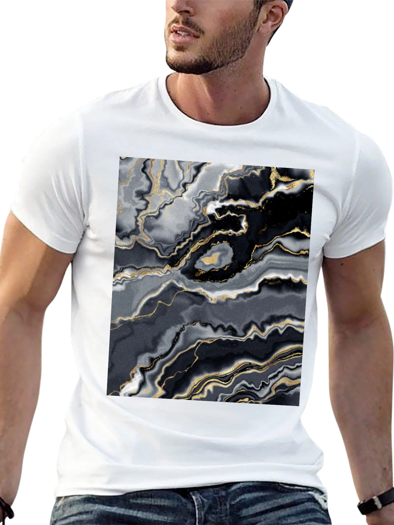 Modern Abstract Marble Print Black T-Shirt