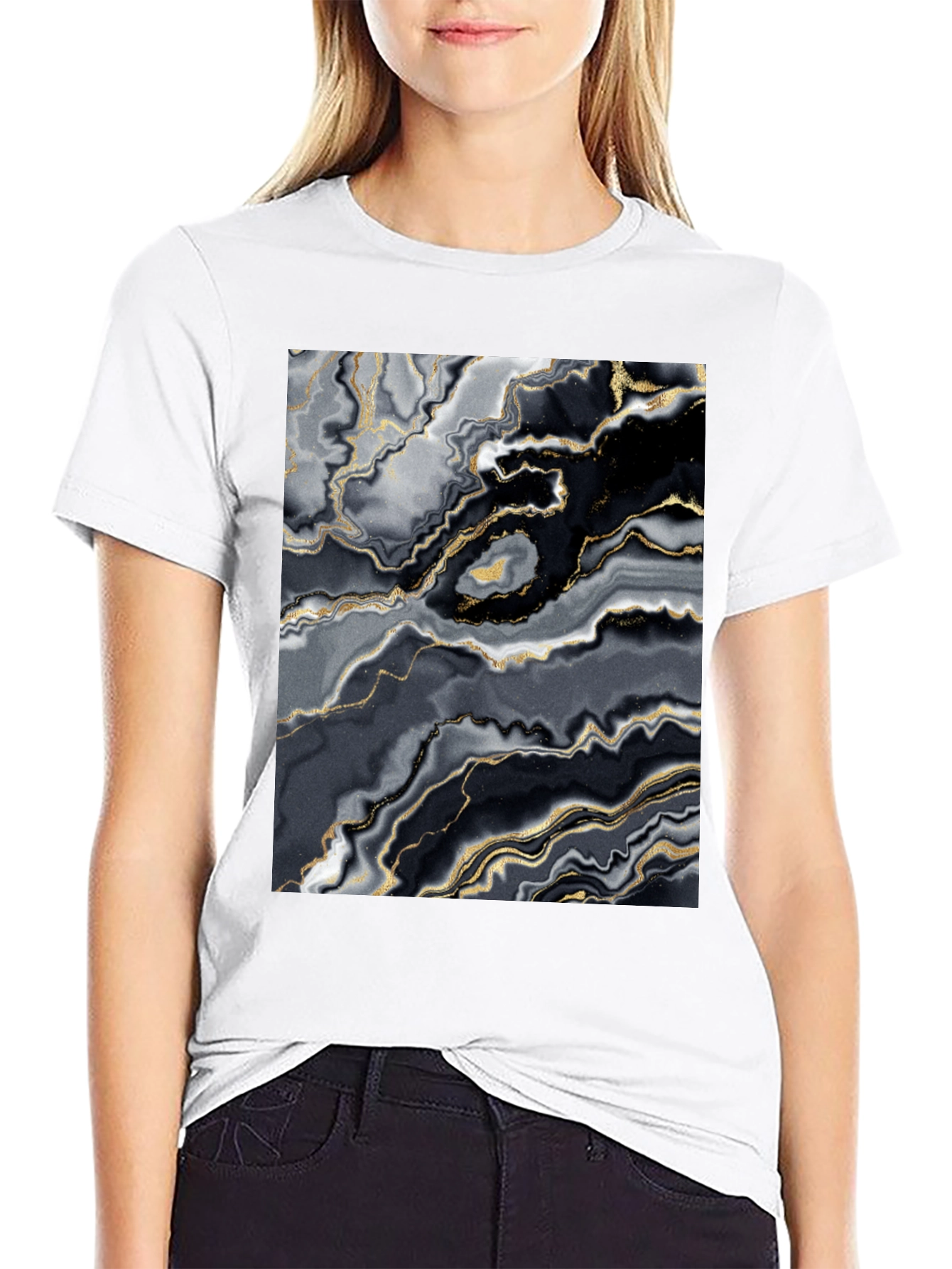 Modern Abstract Marble Print Black T-Shirt