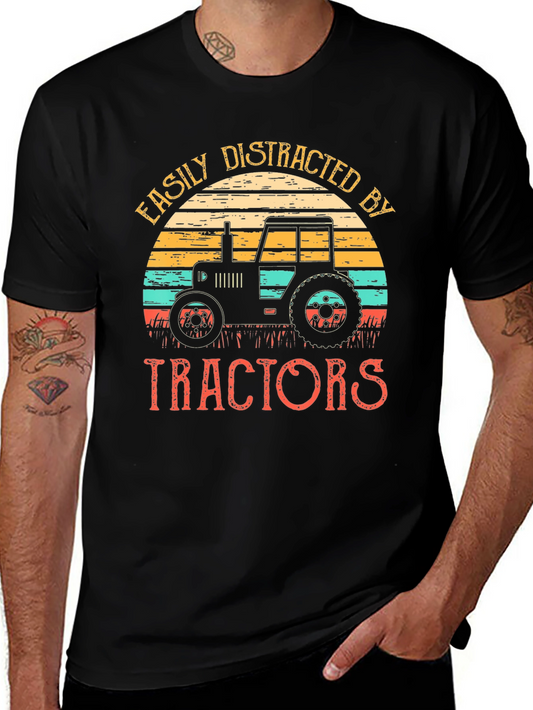 Easily Distracted By Tractors Black T-Shirt