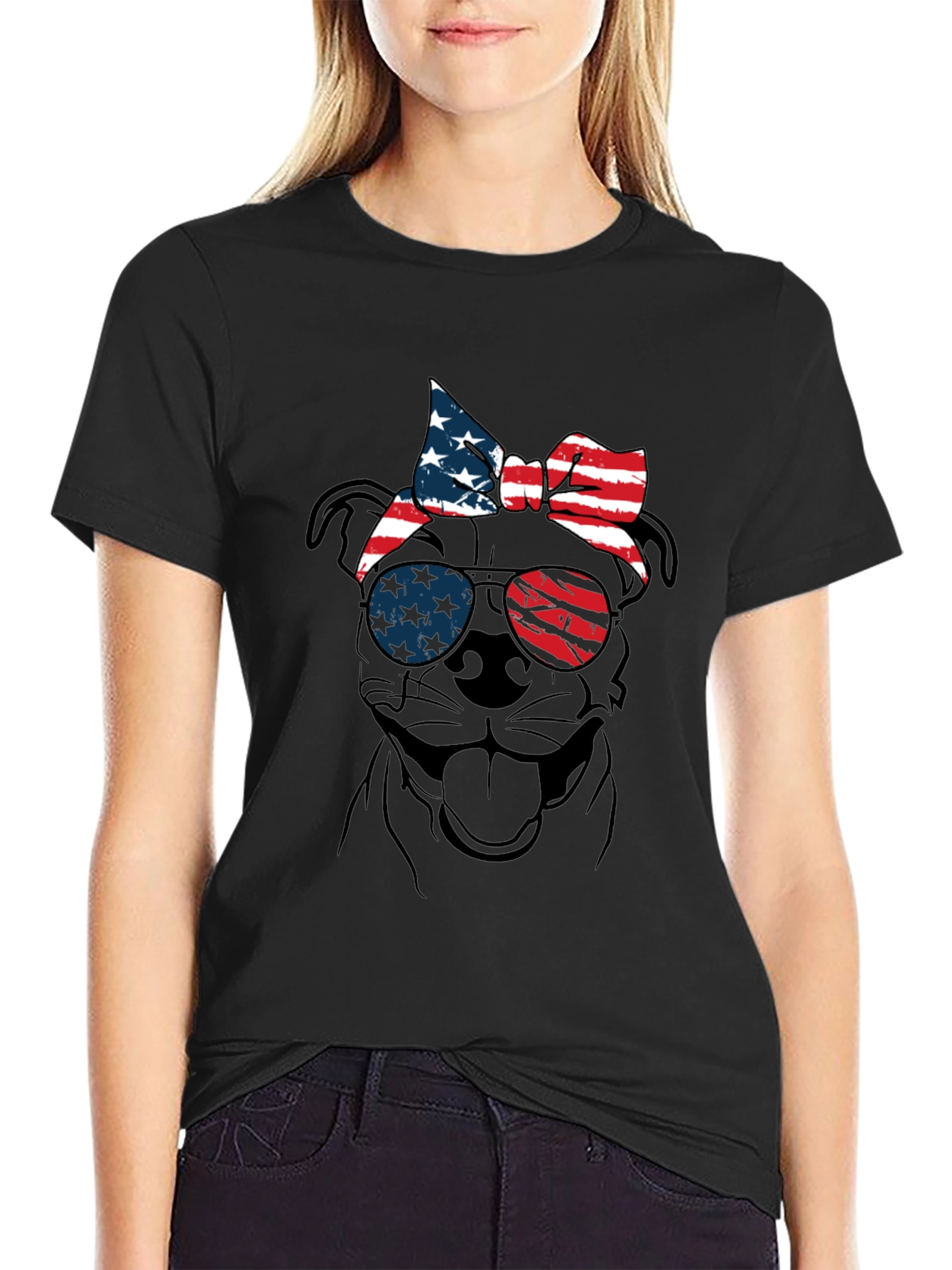 Patriotic Dog T-Shirt - USA Flag Sunglasses & Bandana