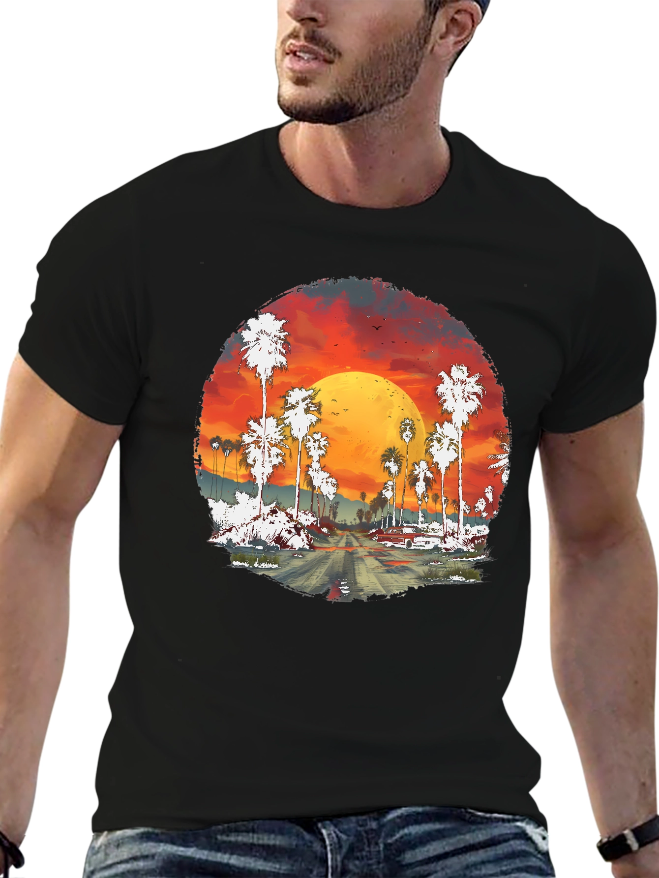 Sunset Palms Graphic Tee - Retro Style