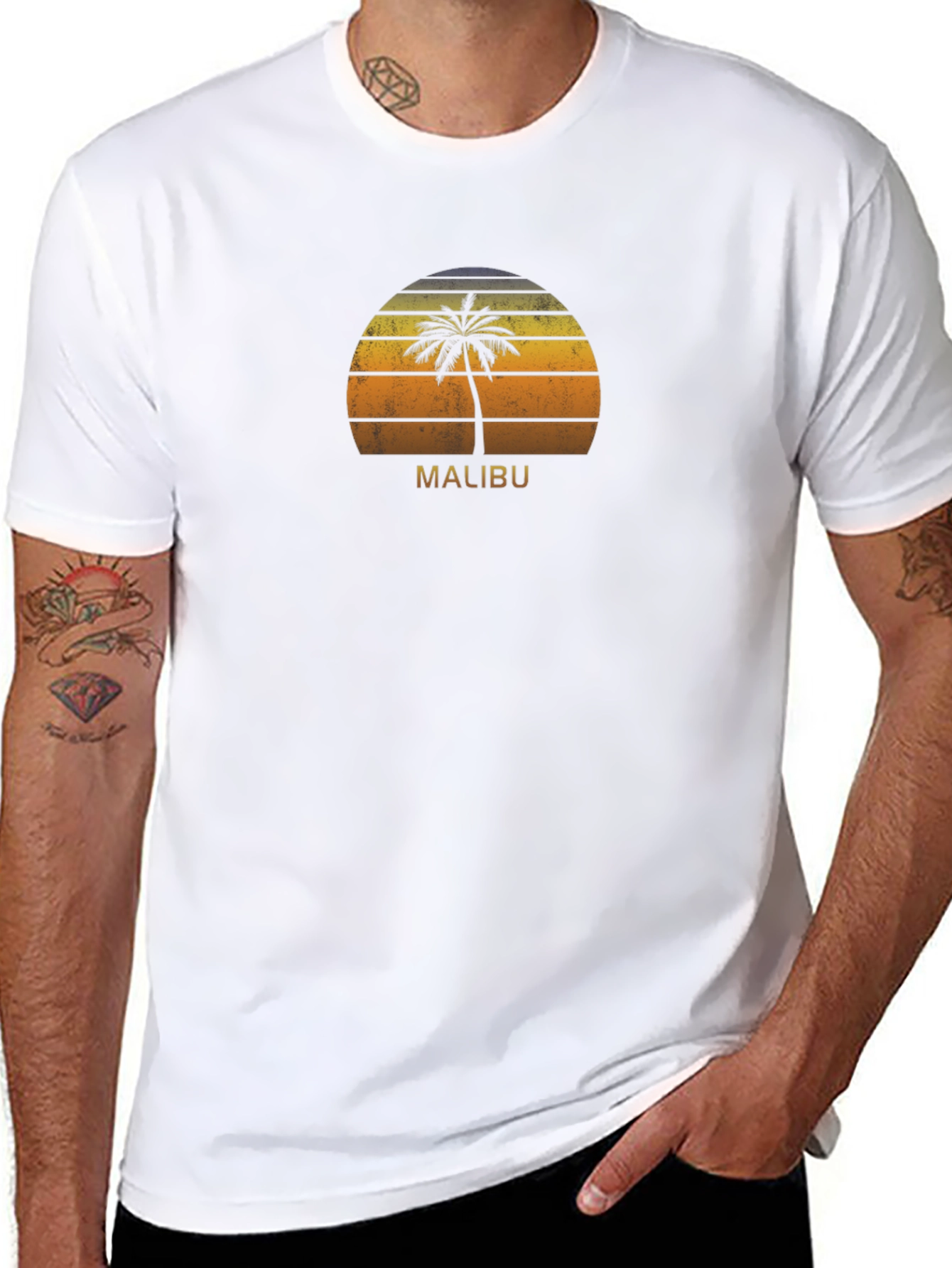 Malibu Palm Tree Sunset T-Shirt - Retro Beach Vibes