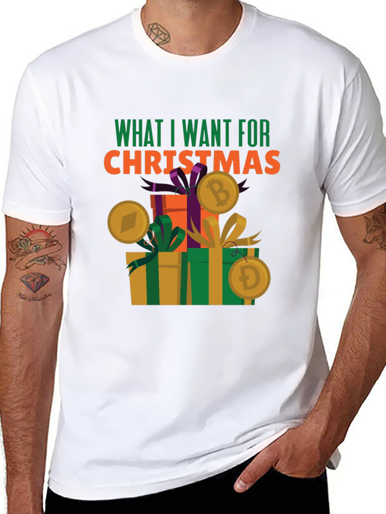 Crypto Christmas T-Shirt - Bitcoin Ethereum Dogecoin Design