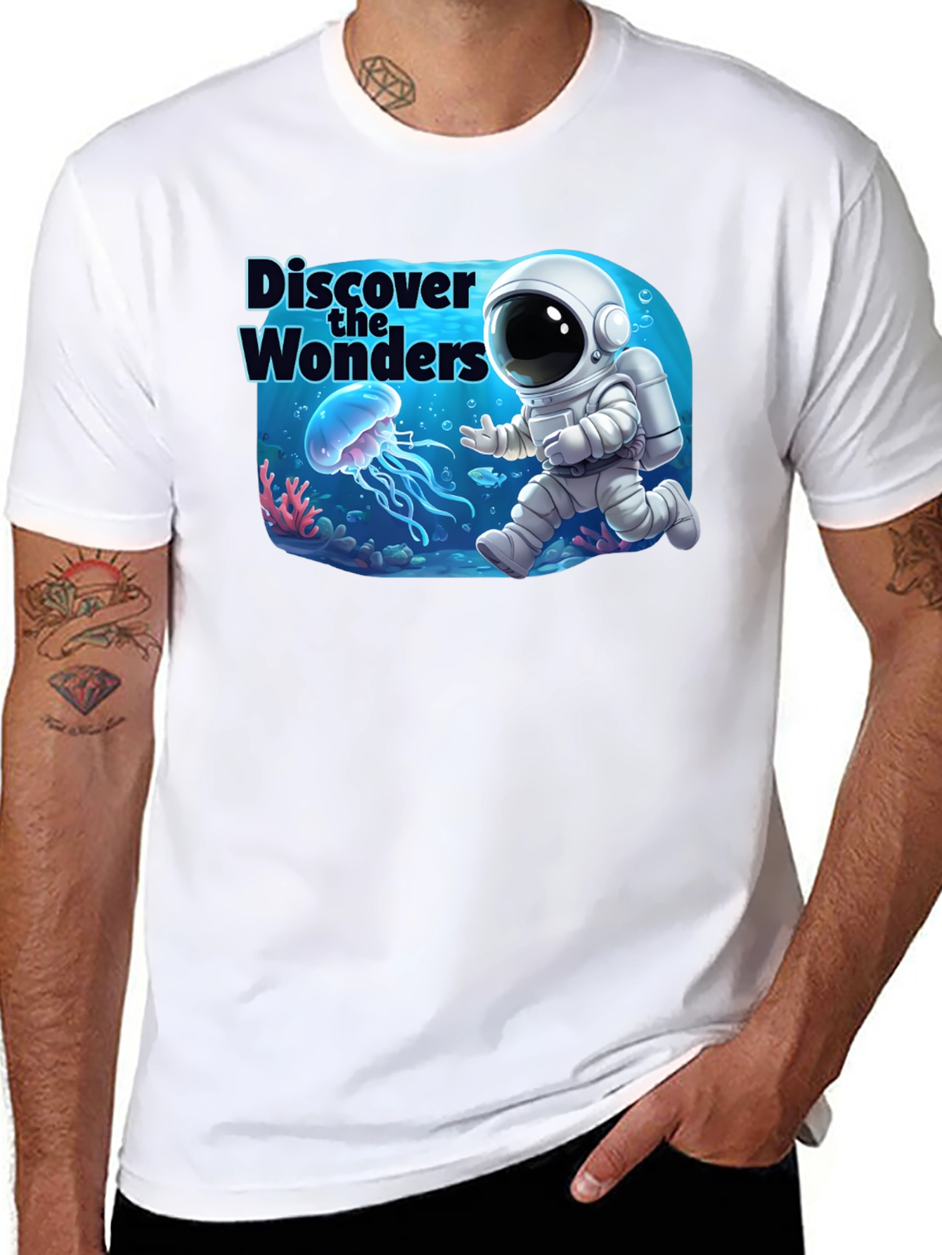 Discover the Wonders T-Shirt: Astronaut & Jellyfish Design