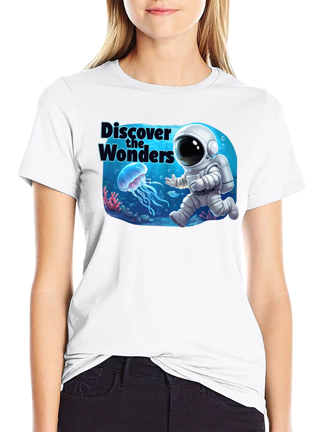 Discover the Wonders T-Shirt: Astronaut & Jellyfish Design