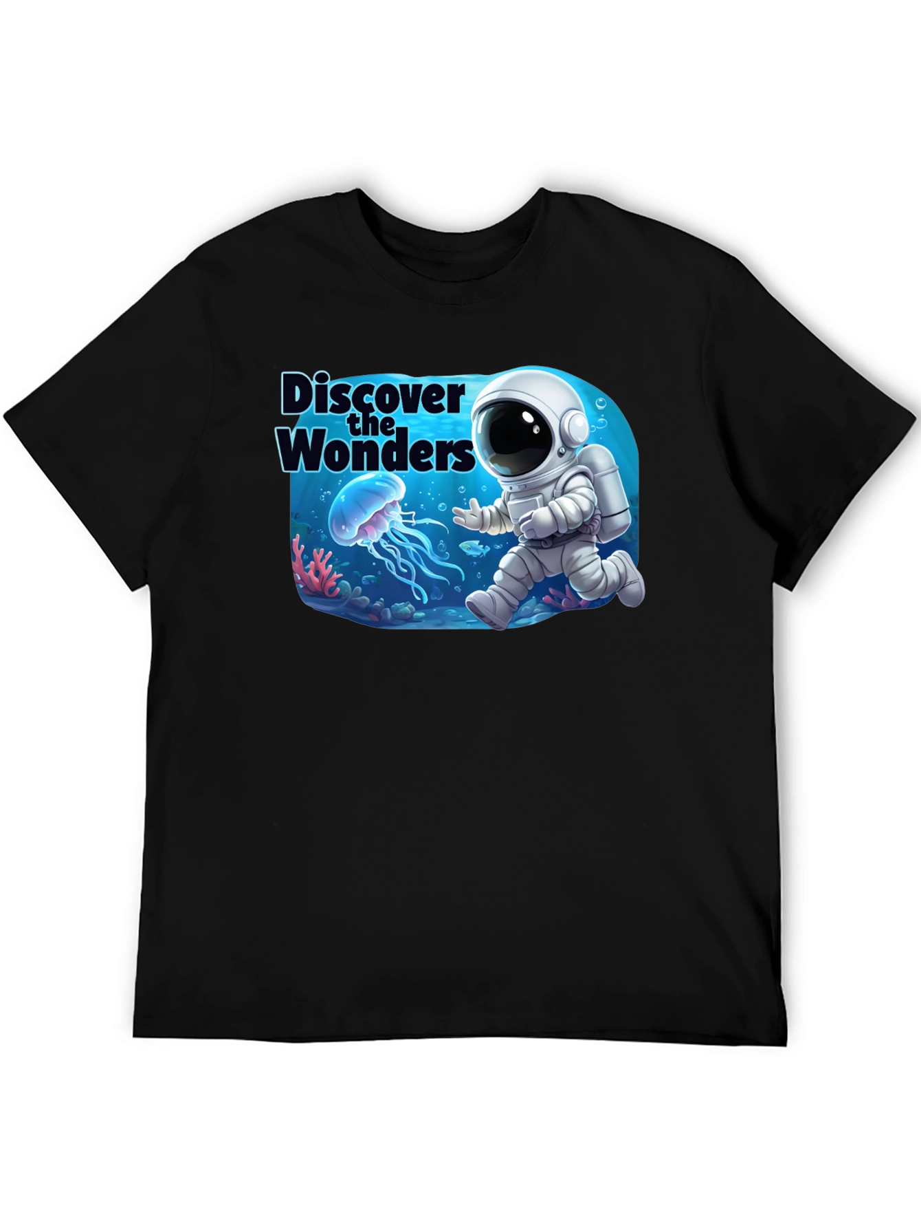Discover the Wonders T-Shirt: Astronaut & Jellyfish Design