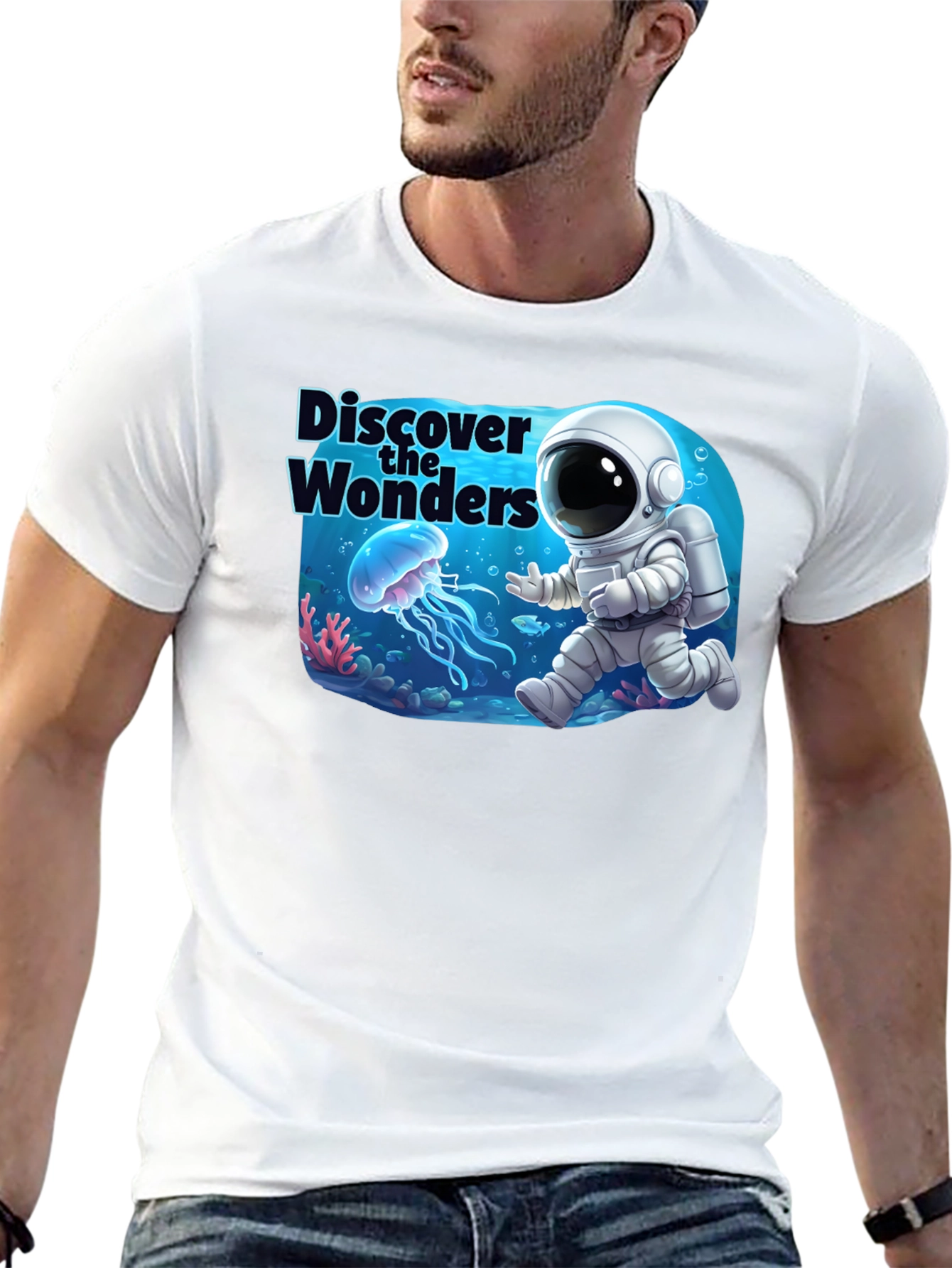 Discover the Wonders T-Shirt: Astronaut & Jellyfish Design