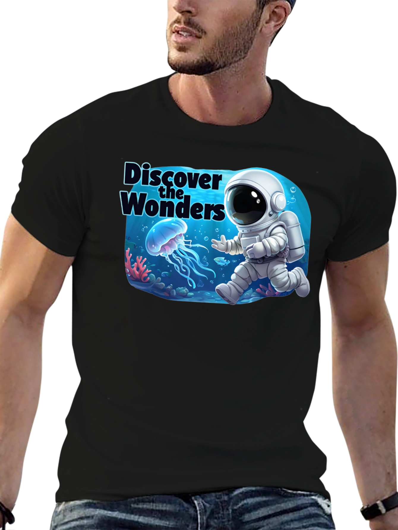 Discover the Wonders T-Shirt: Astronaut & Jellyfish Design