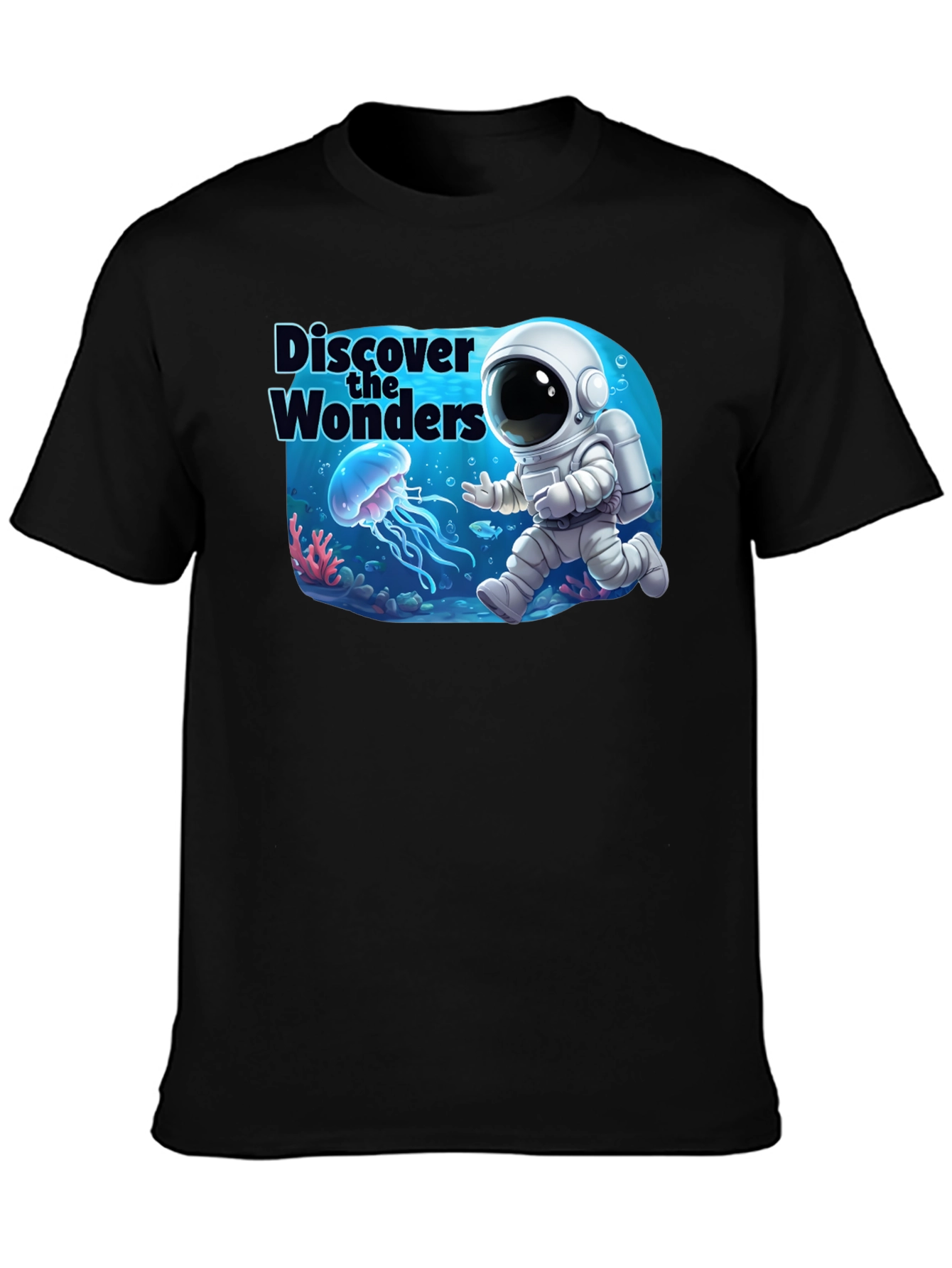 Discover the Wonders T-Shirt: Astronaut & Jellyfish Design