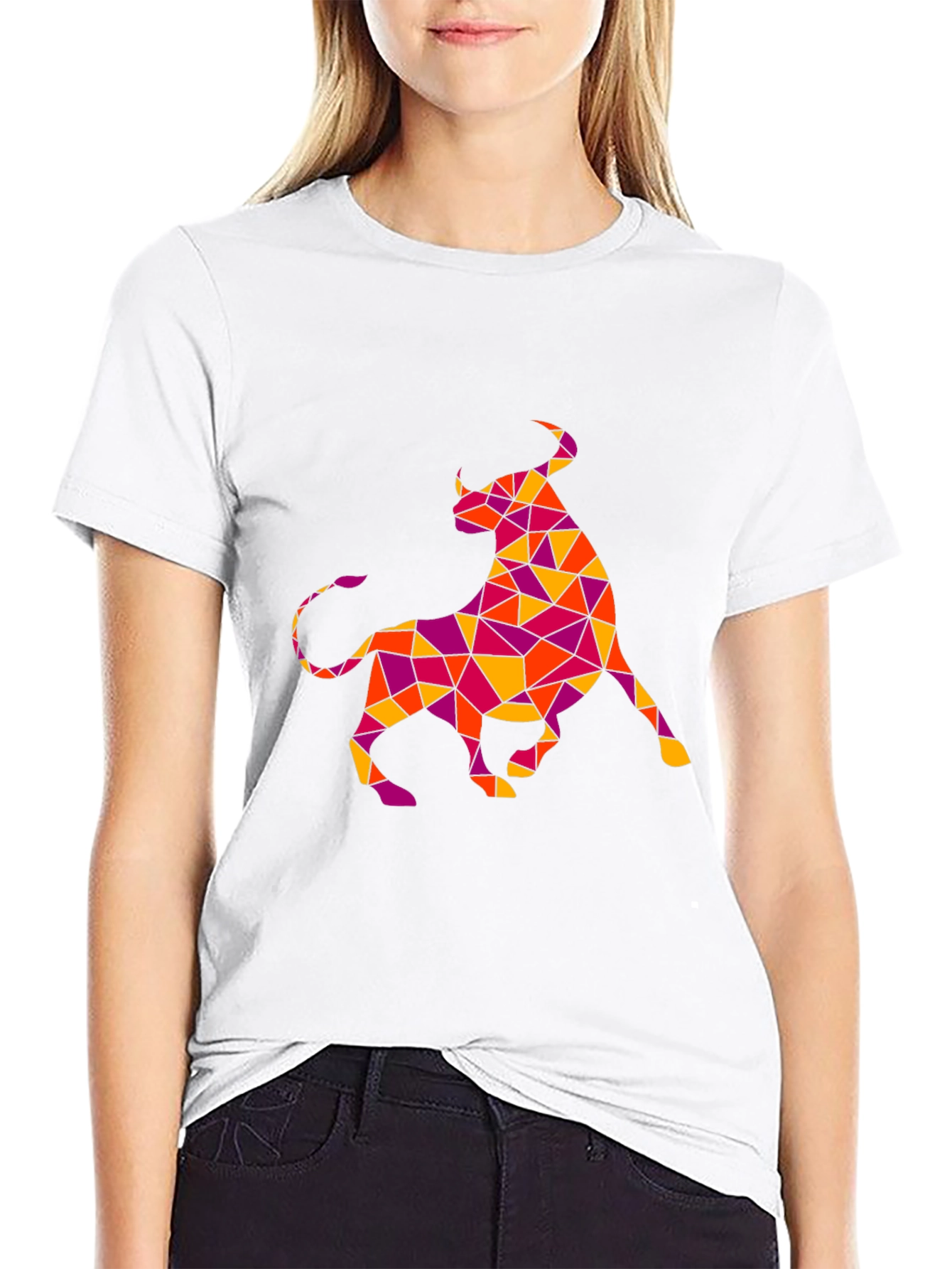 Geometric Bull Graphic Tee - Black Cotton T-Shirt