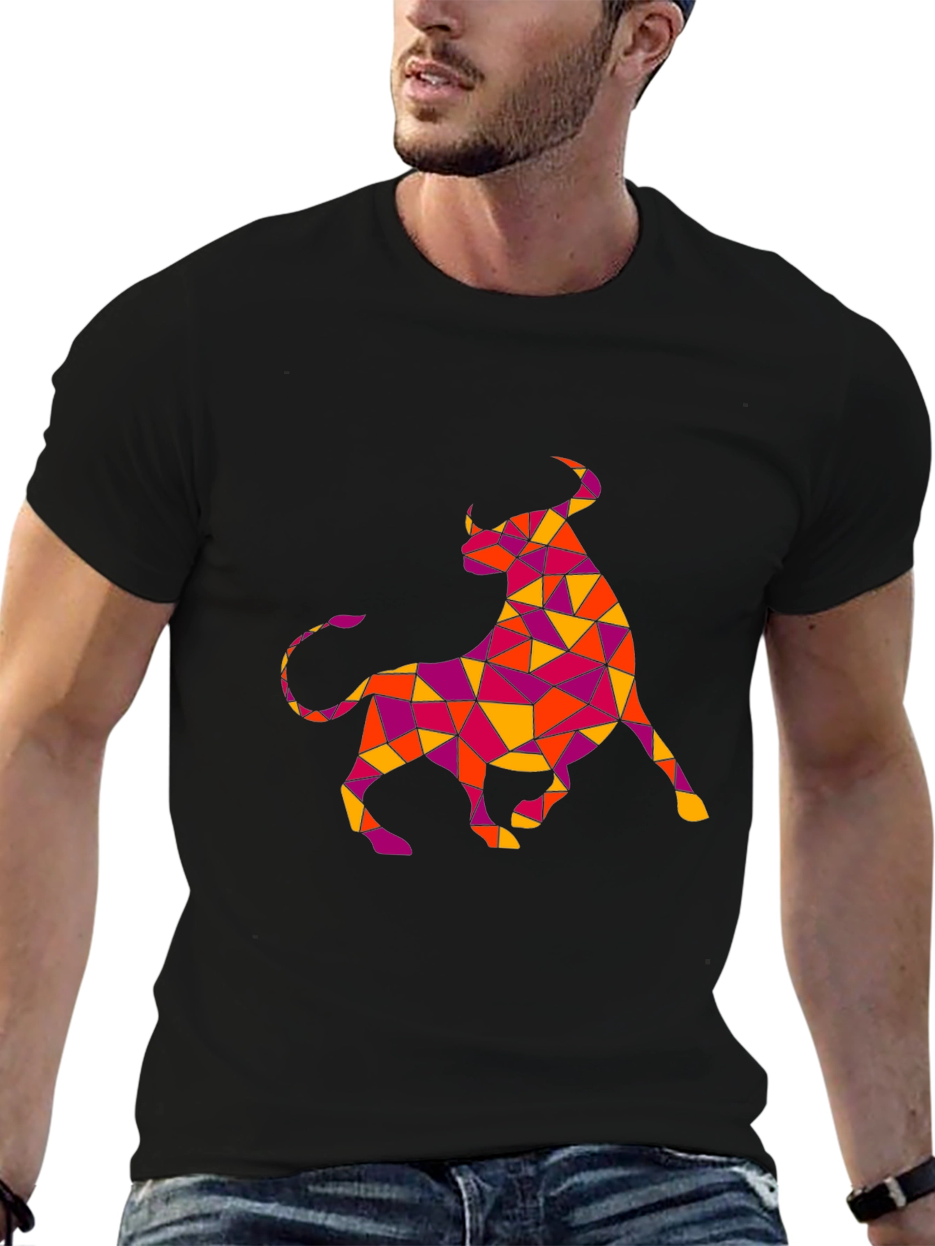 Geometric Bull Graphic Tee - Black Cotton T-Shirt