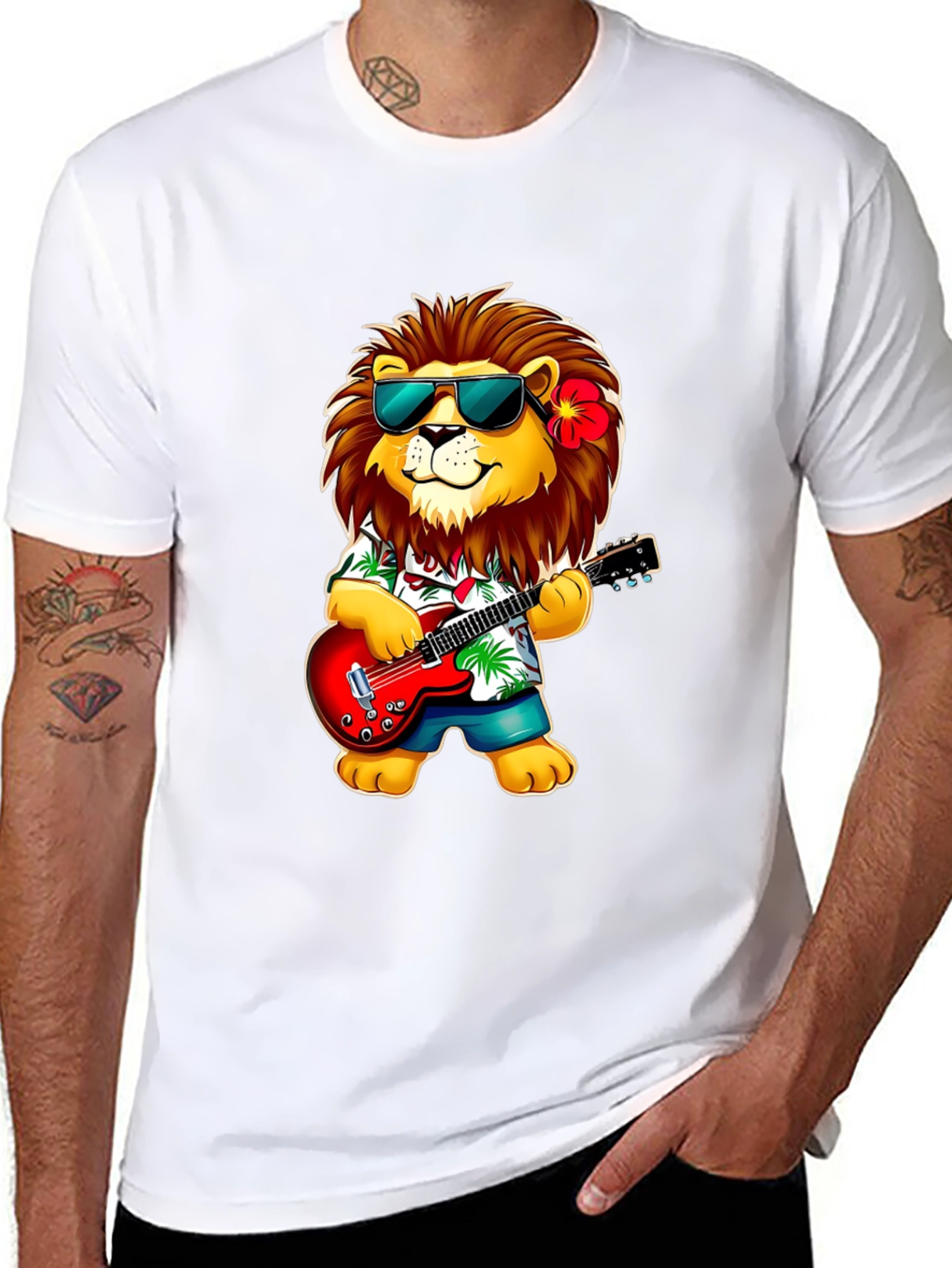 Lion Guitarist Graphic Tee - Cool Novelty Shirt