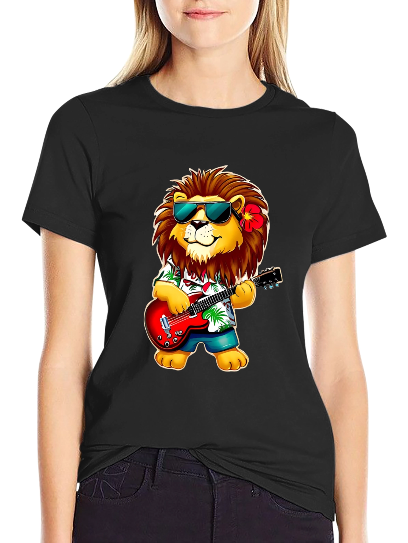 Lion Guitarist Graphic Tee - Cool Novelty Shirt