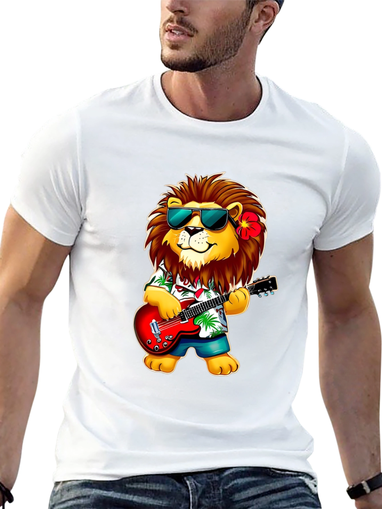 Lion Guitarist Graphic Tee - Cool Novelty Shirt