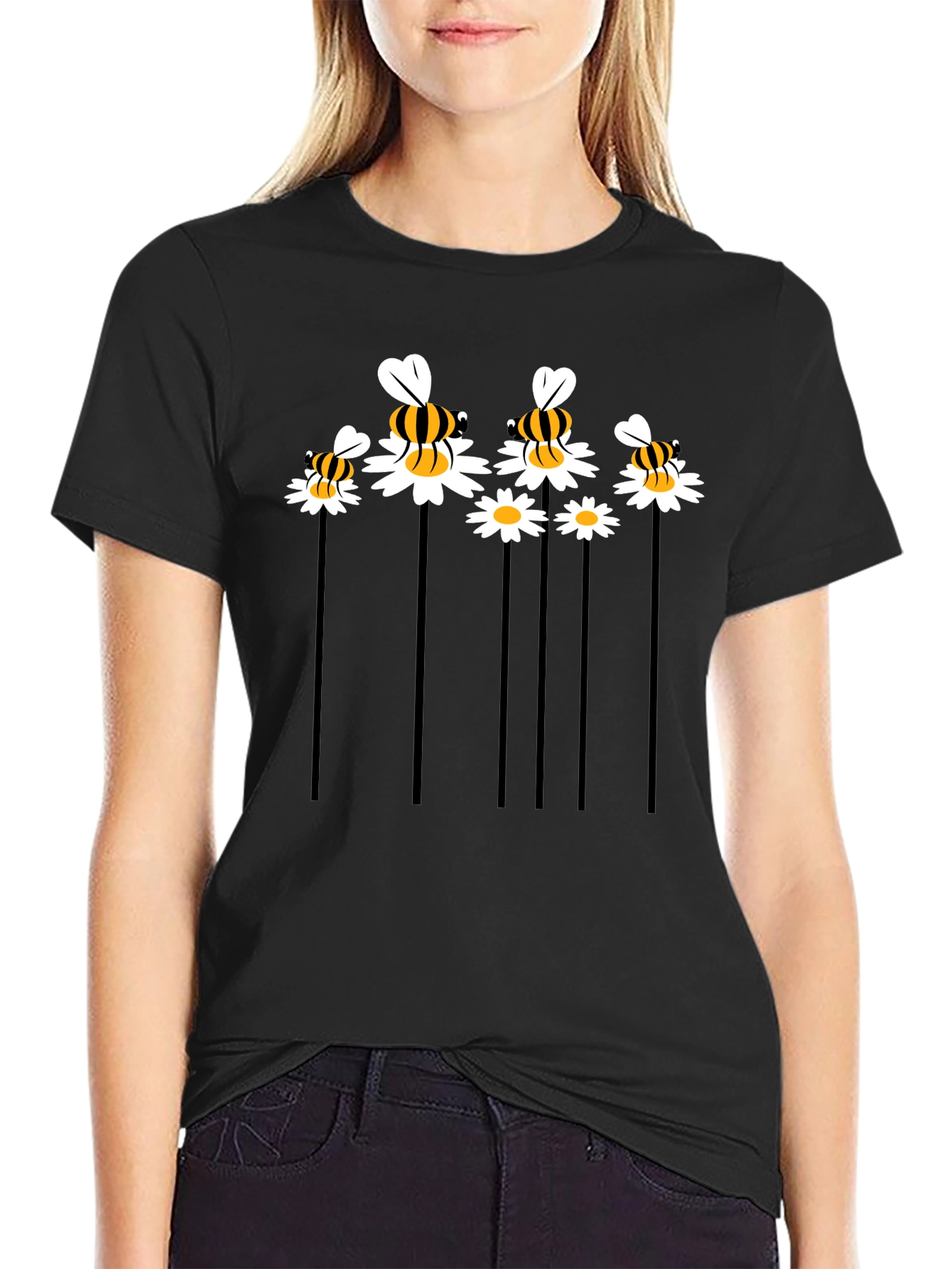 Bee & Daisy Graphic Tee - Black Cotton Blend