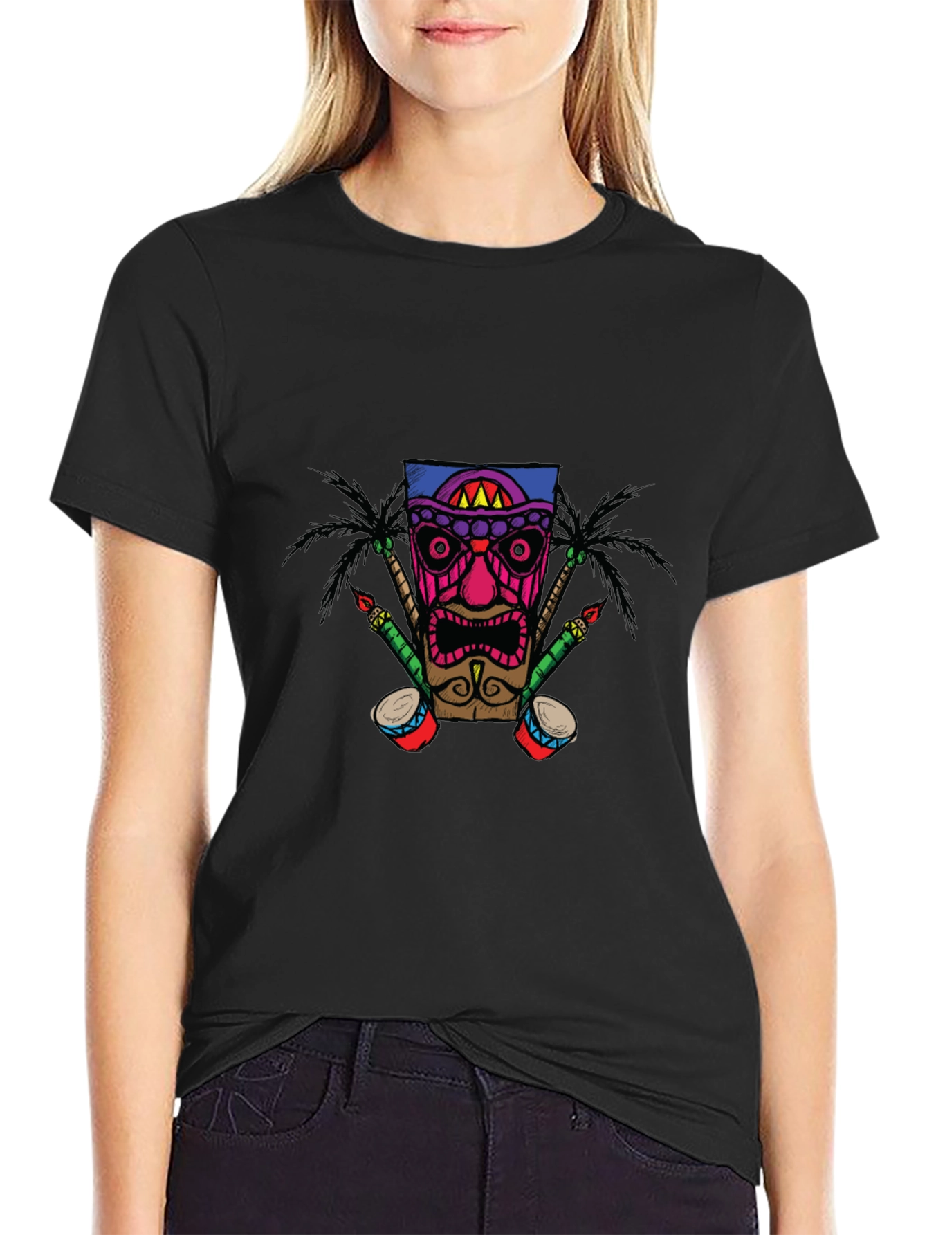 Tiki Mask Graphic Print Black T-Shirt