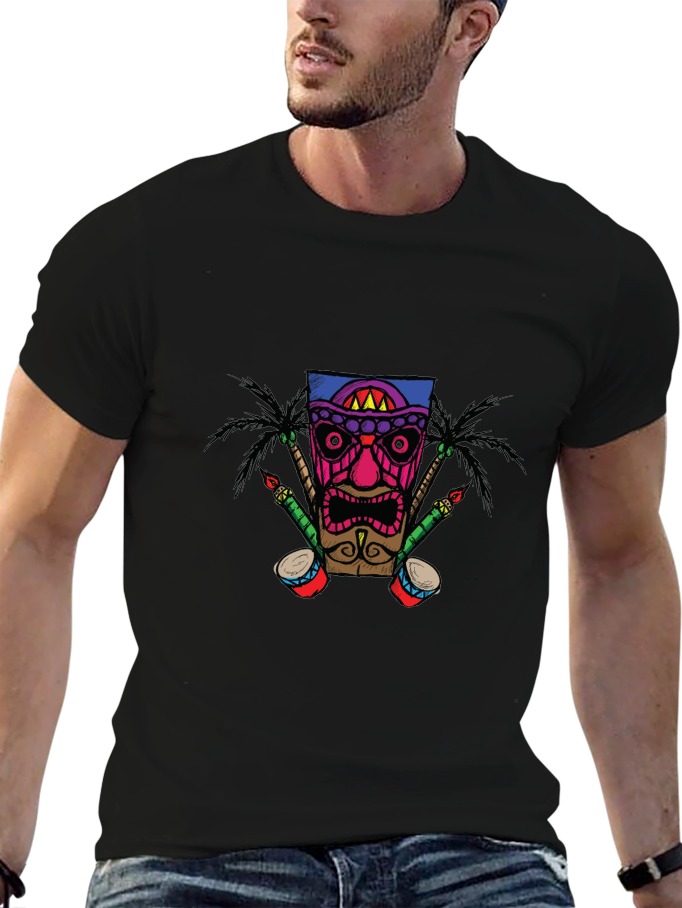 Tiki Mask Graphic Print Black T-Shirt