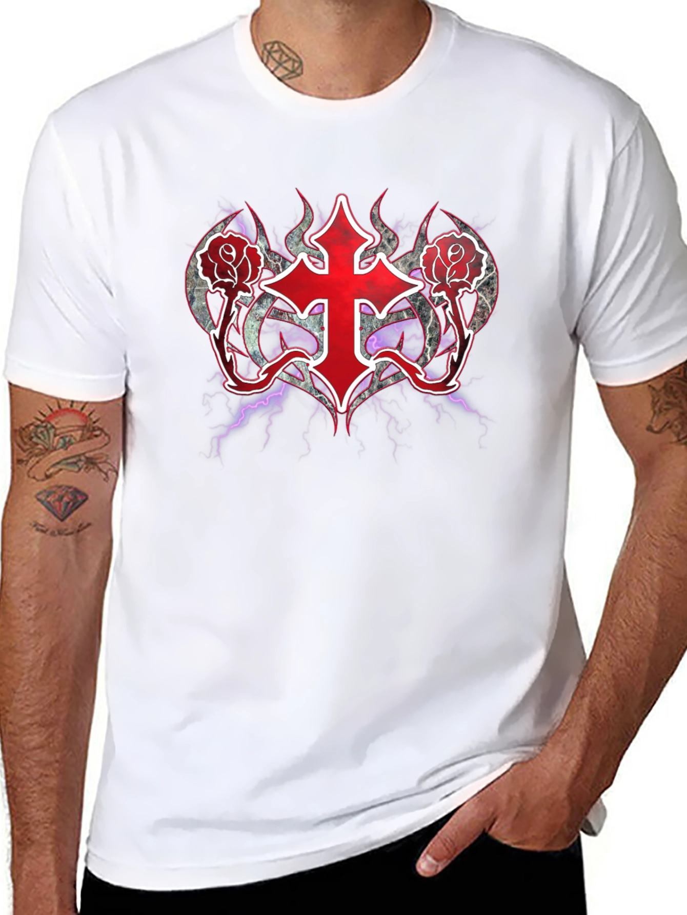 Gothic Cross & Roses T-Shirt - Dark Aesthetic