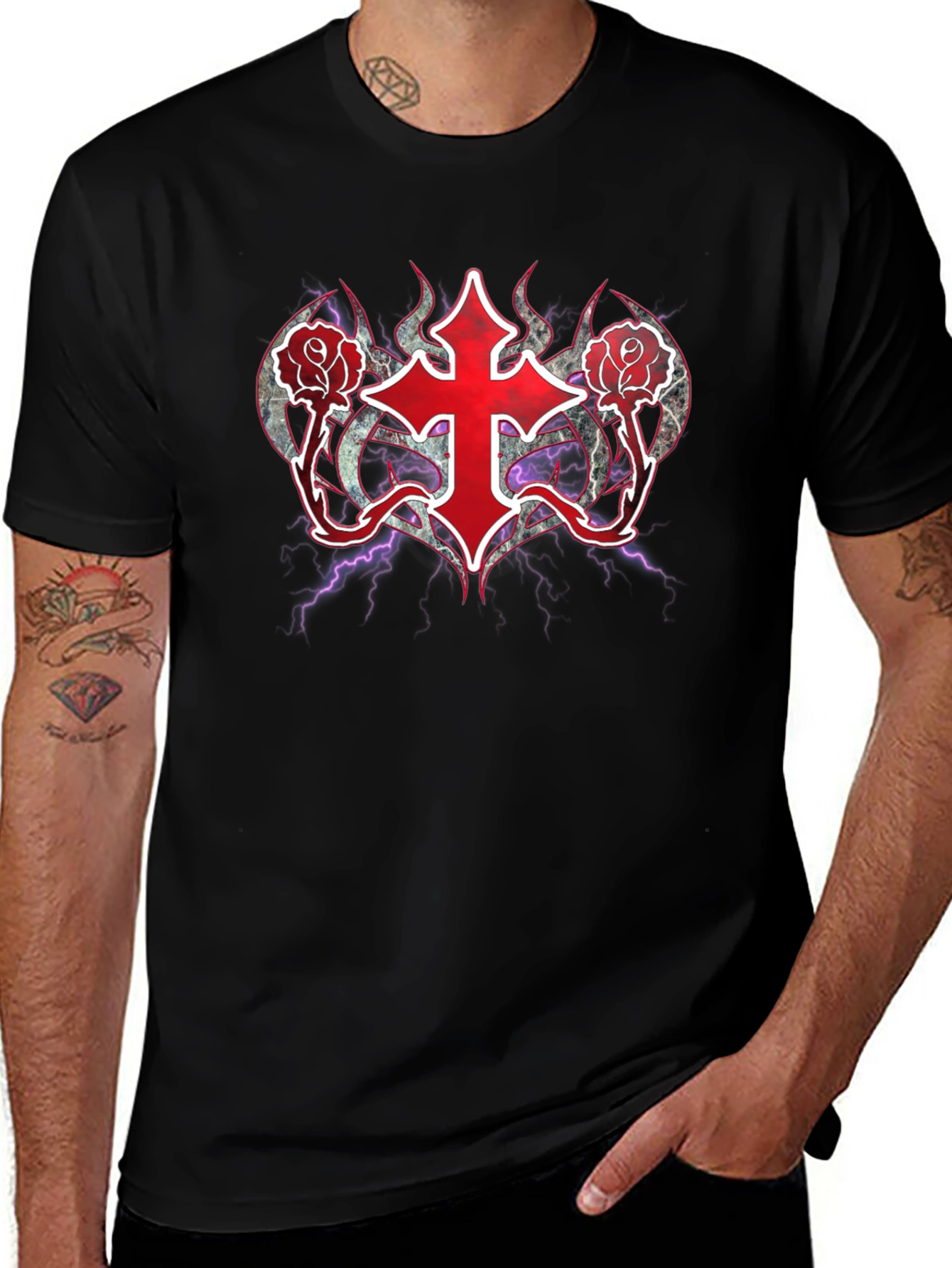 Gothic Cross & Roses T-Shirt - Dark Aesthetic
