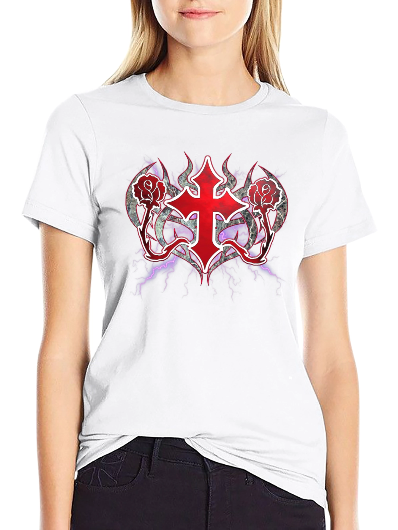 Gothic Cross & Roses T-Shirt - Dark Aesthetic
