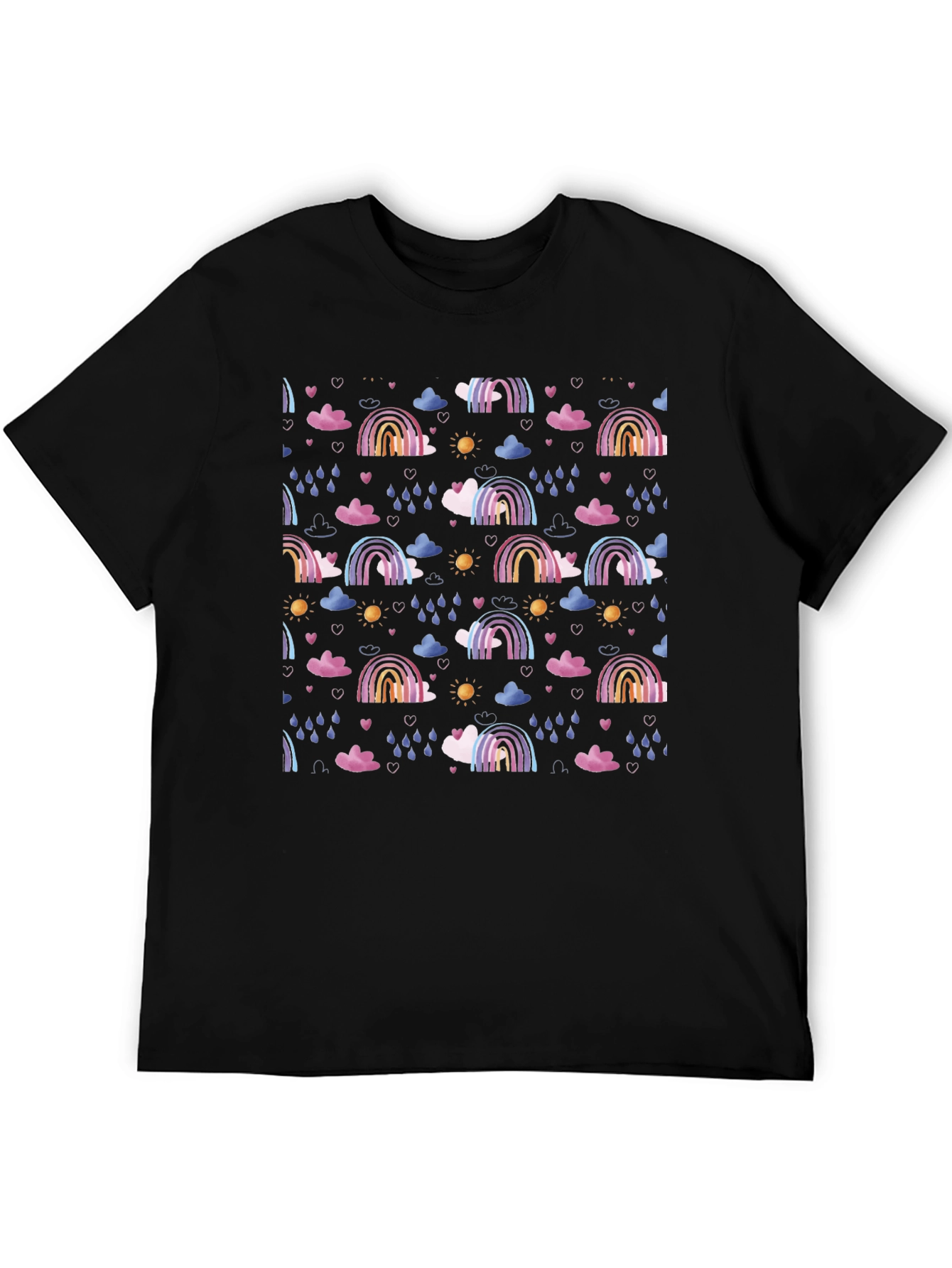Rainbow Cloud Pattern Black T-Shirt
