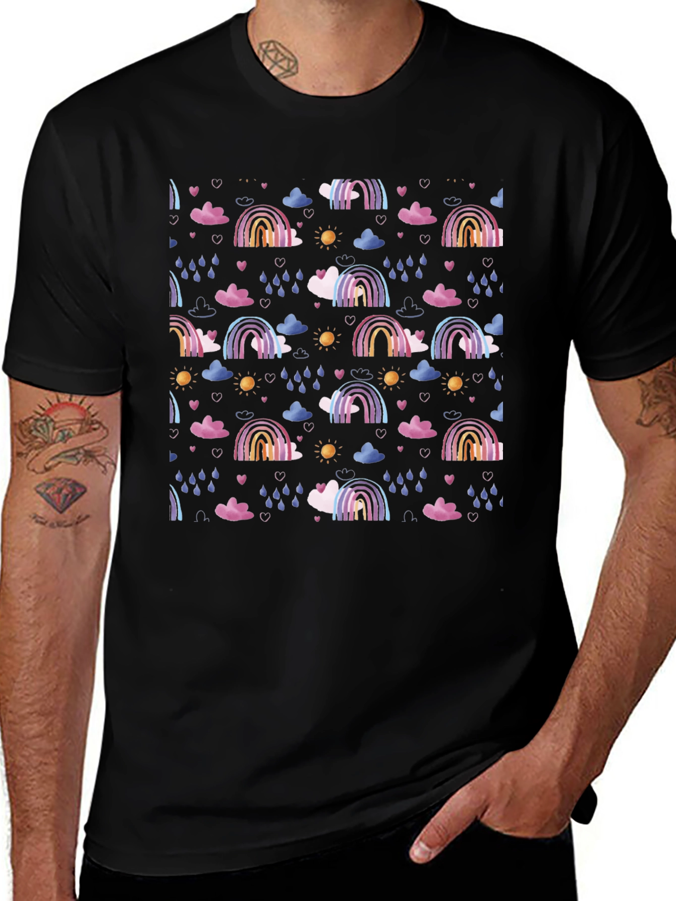 Rainbow Cloud Pattern Black T-Shirt