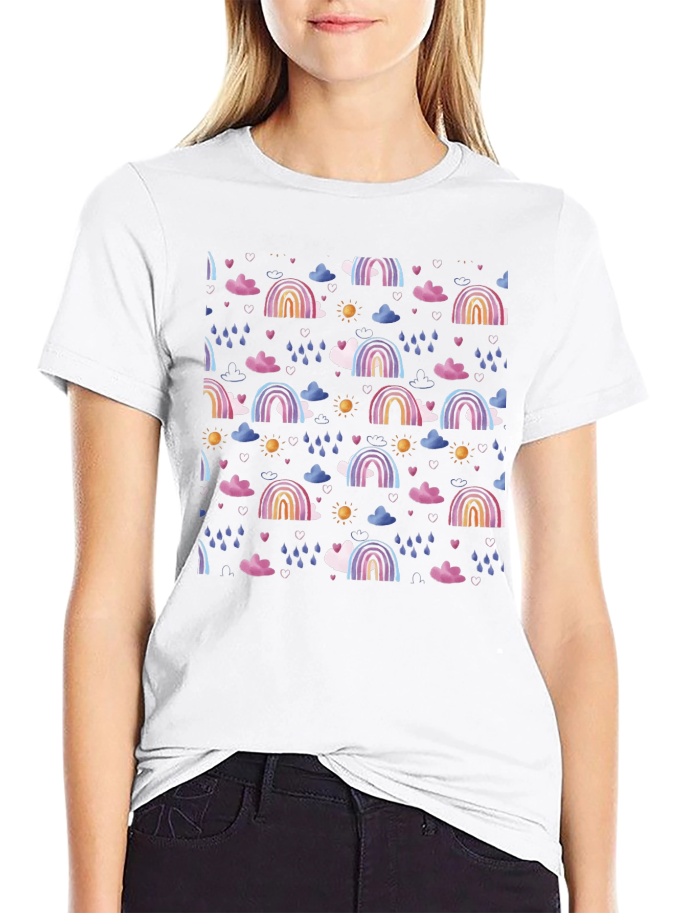 Rainbow Cloud Pattern Black T-Shirt