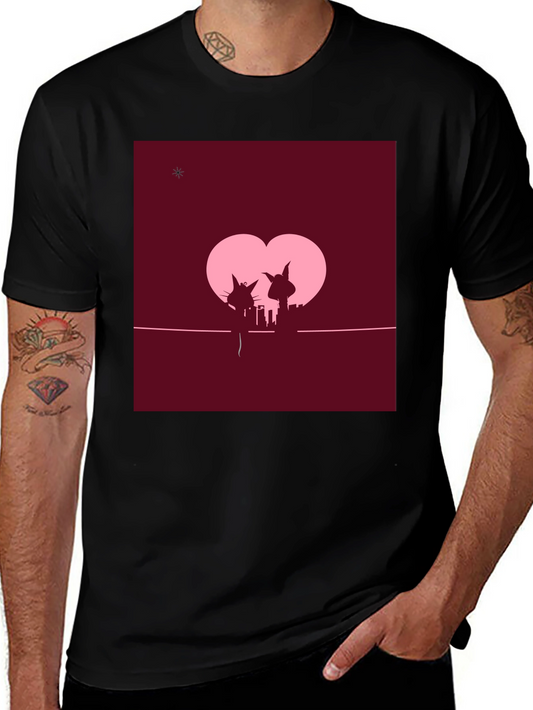 Whimsical Cat Couple T-Shirt - Romantic City Silhouette