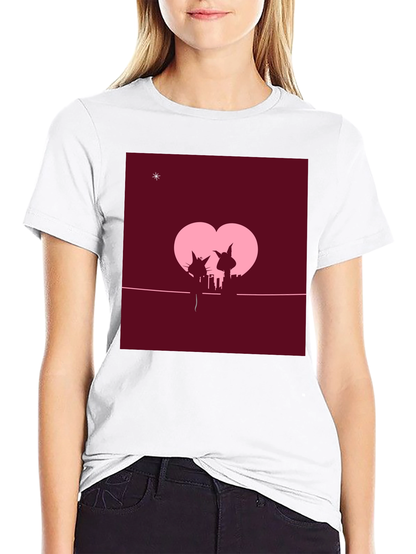 Whimsical Cat Couple T-Shirt - Romantic City Silhouette