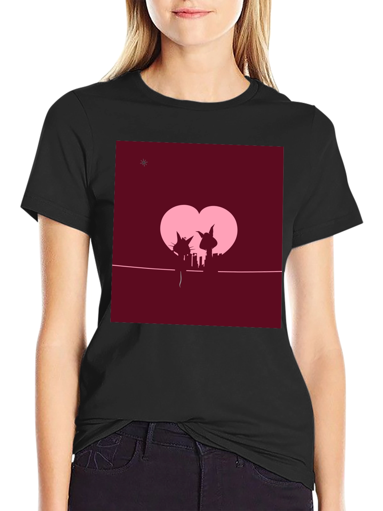 Whimsical Cat Couple T-Shirt - Romantic City Silhouette