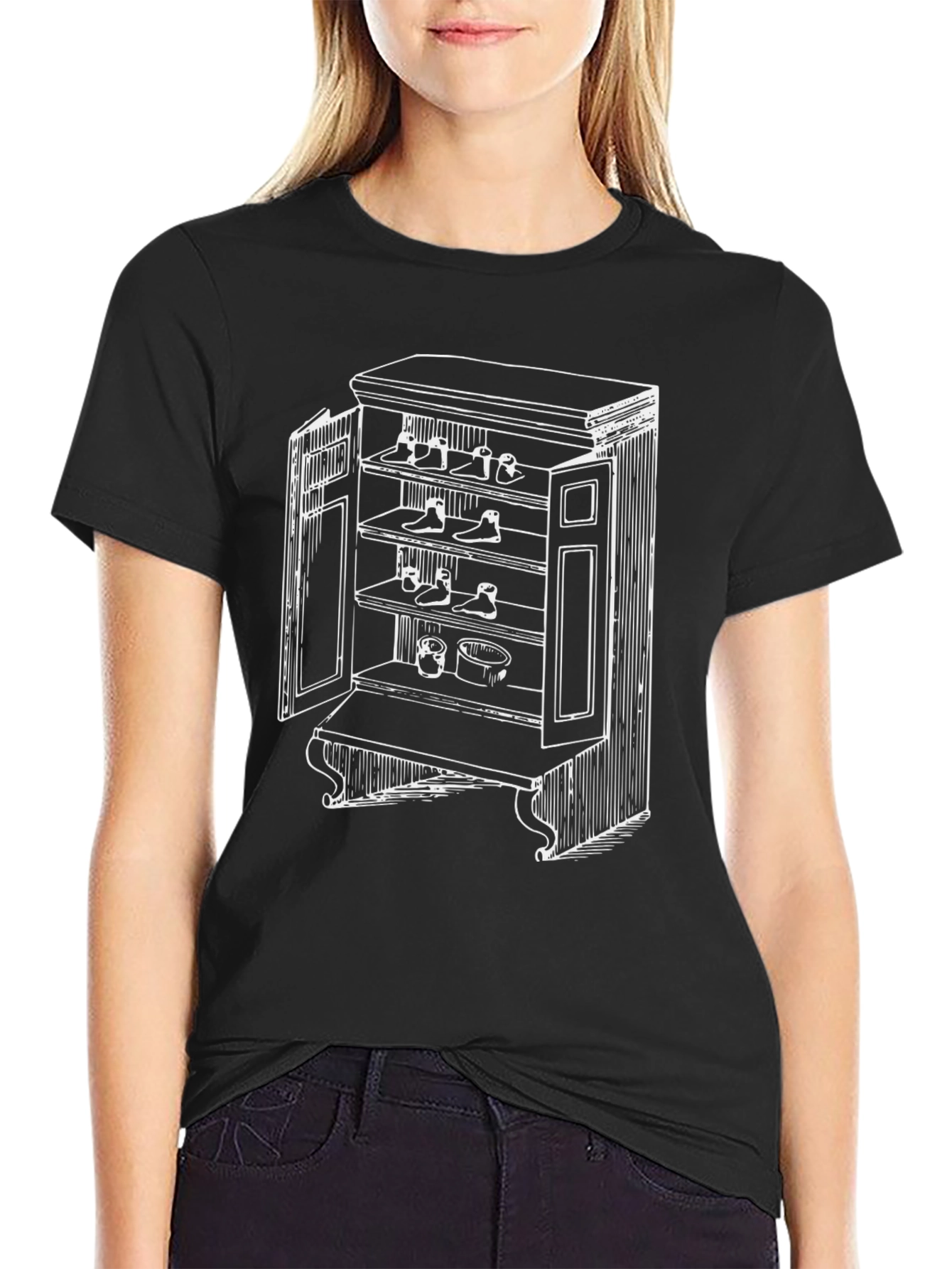 Black T-Shirt with Novelty Shoe Cupboard Design