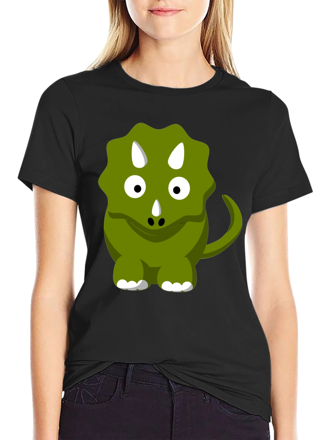 Cute Triceratops Graphic Tee - Black Cotton Comfort