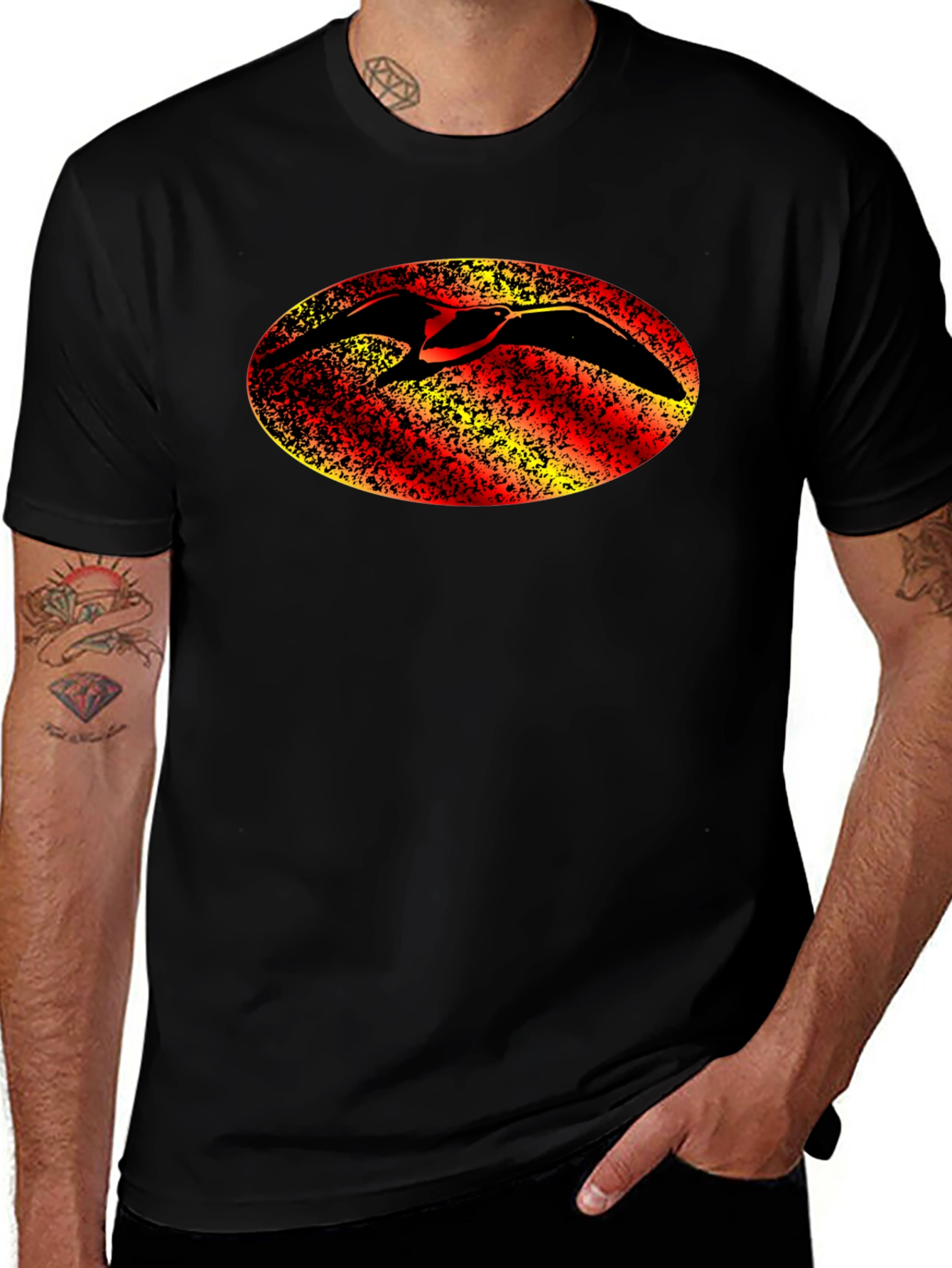Black T-Shirt with Bird Oval Design