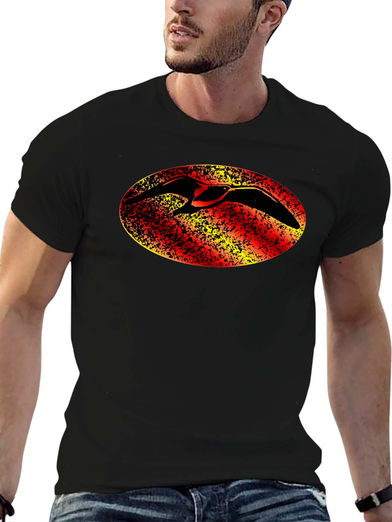 Black T-Shirt with Bird Oval Design