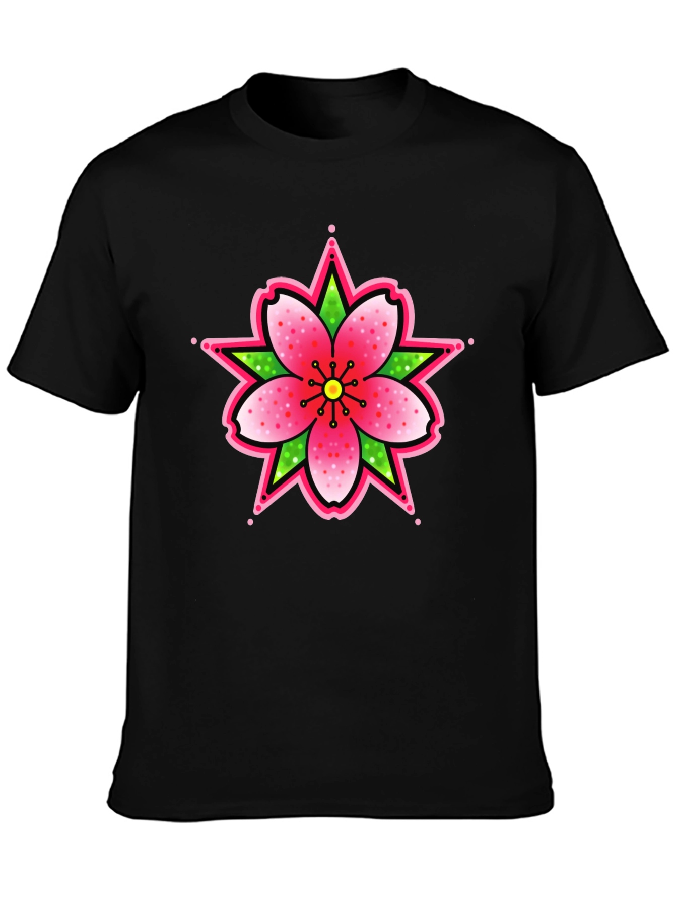 Black T-Shirt with Floral Tattoo Style Graphic