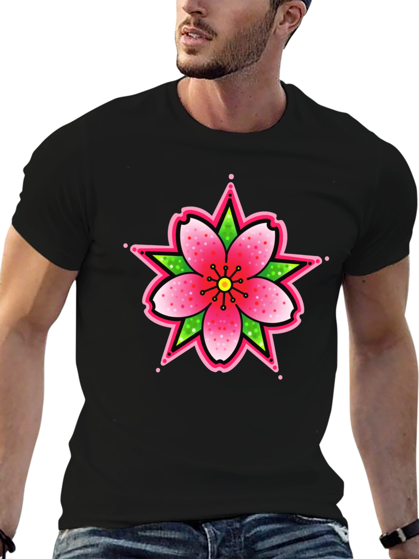 Black T-Shirt with Floral Tattoo Style Graphic
