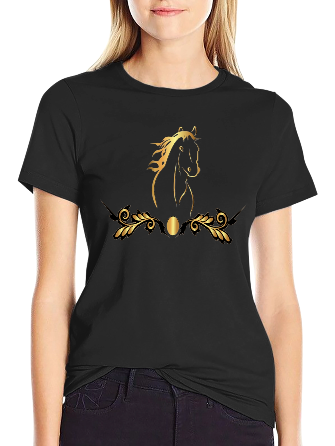 Elegant Black T-Shirt with Gold Horse Design