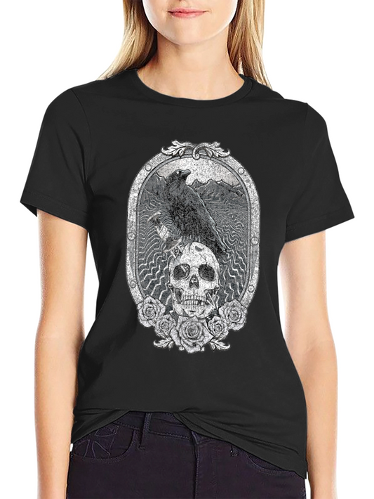 Raven Skull Roses Graphic Tee - Gothic Style T-Shirt
