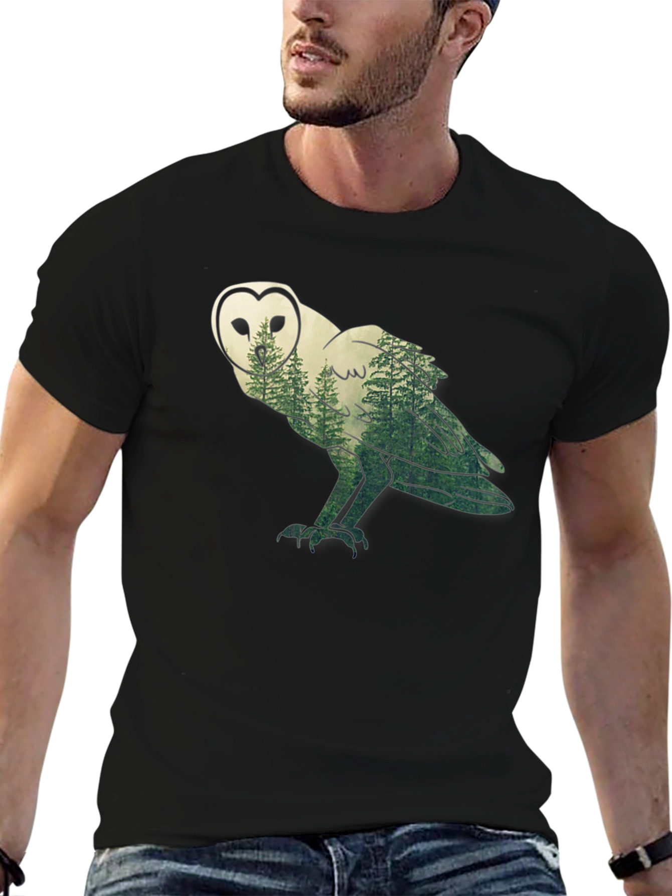 Owl Forest Graphic Print Black T-Shirt