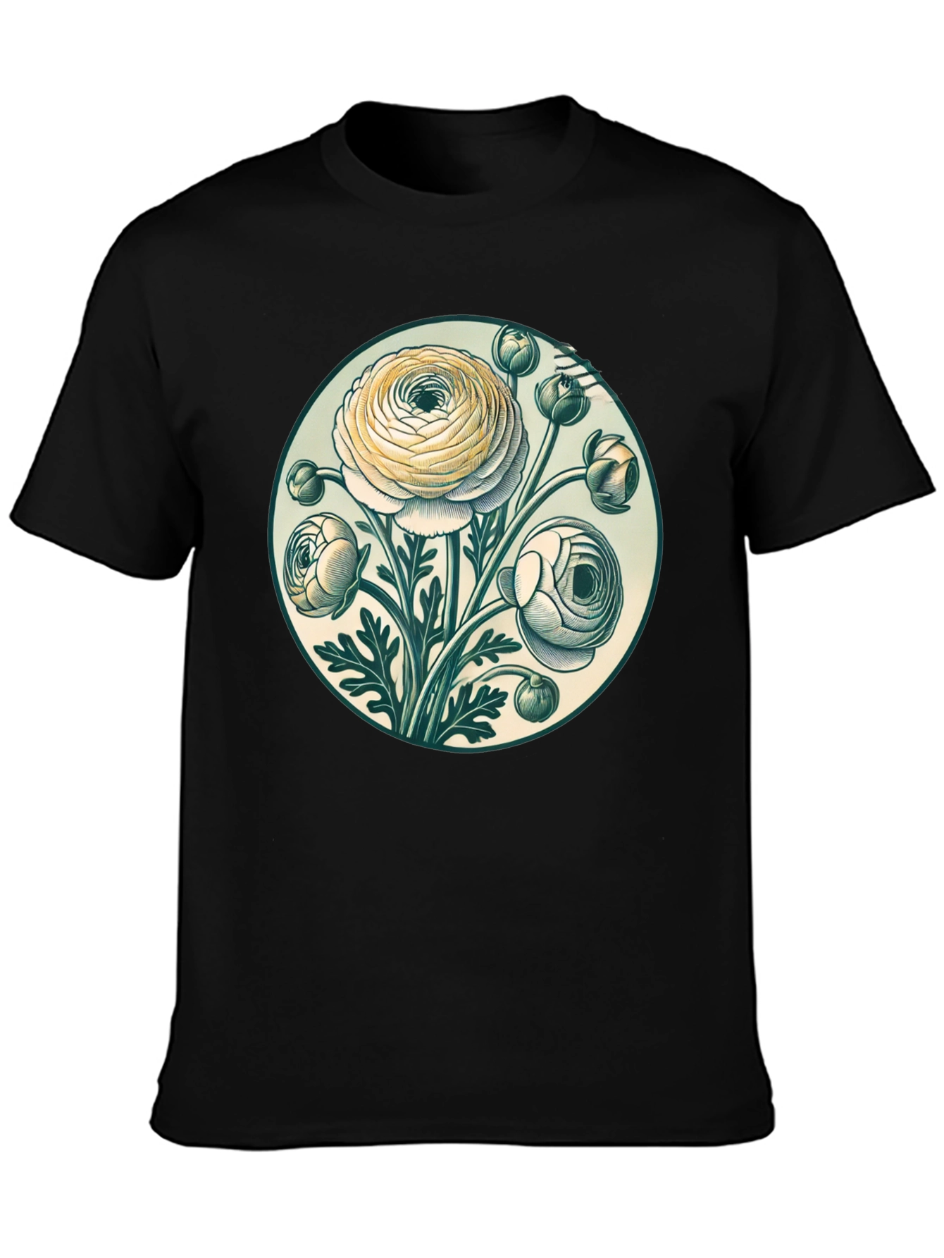Floral Graphic Tee - Botanical Art Black T-Shirt