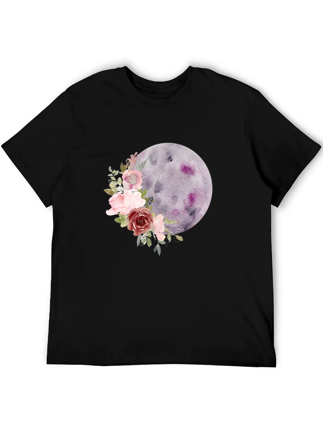 Floral Moon Graphic Tee - Black Casual T-Shirt