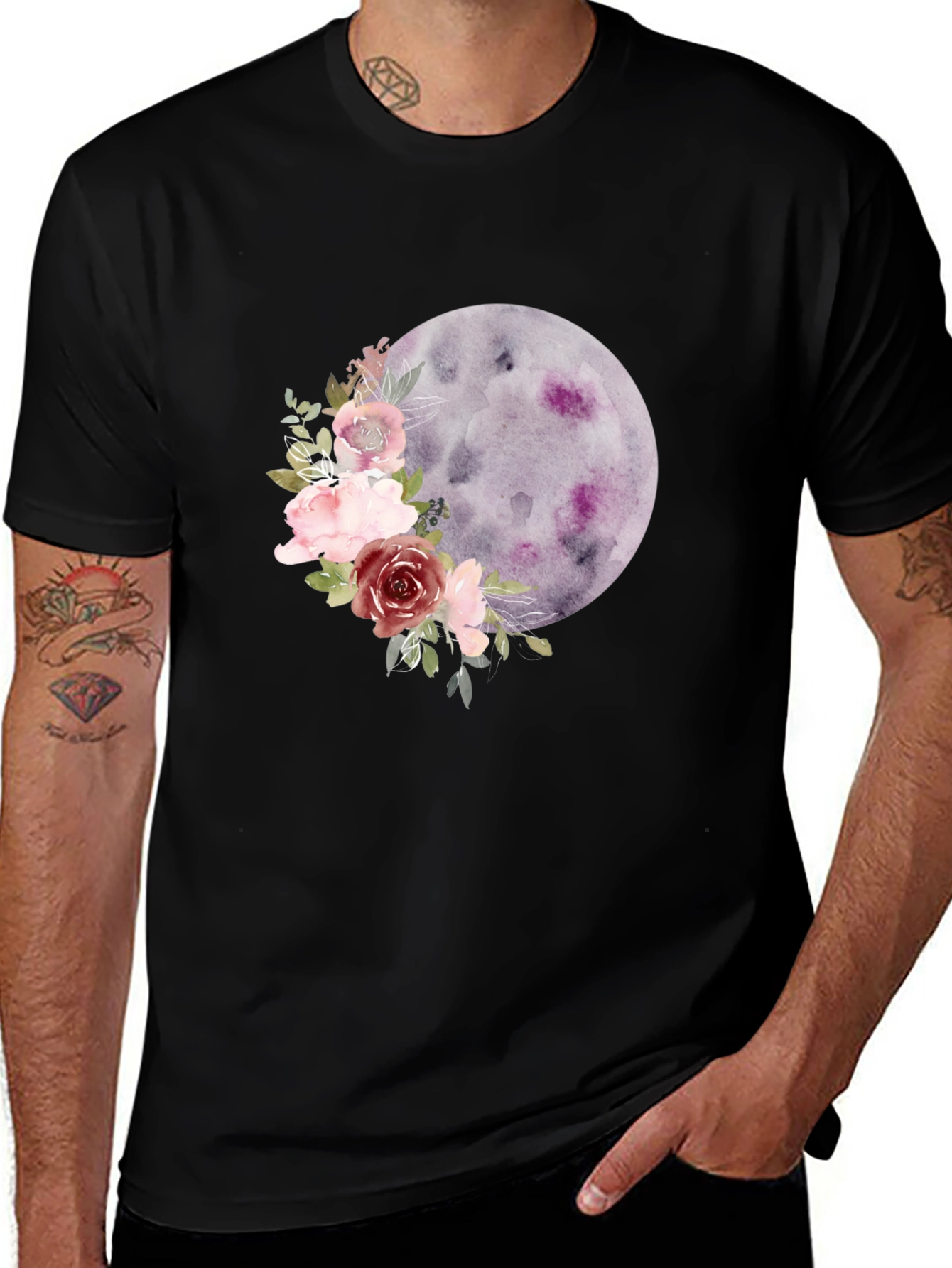 Floral Moon Graphic Tee - Black Casual T-Shirt