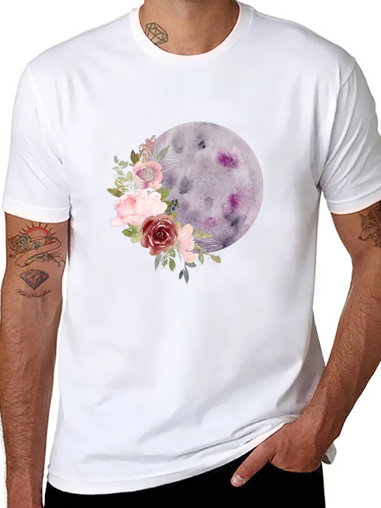 Floral Moon Graphic Tee - Black Casual T-Shirt